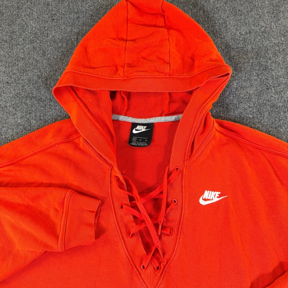 Nike‎ Women Lace Up V-Neck Hoodie Sportswear French Terry Orange Red XL #3282